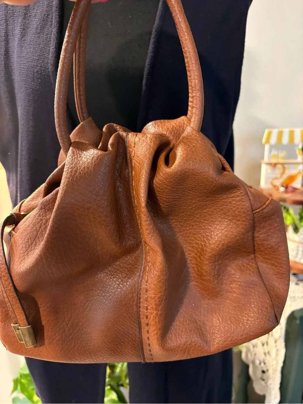 Brown Faux Leather Drawstring Hobo Shoulder Bag